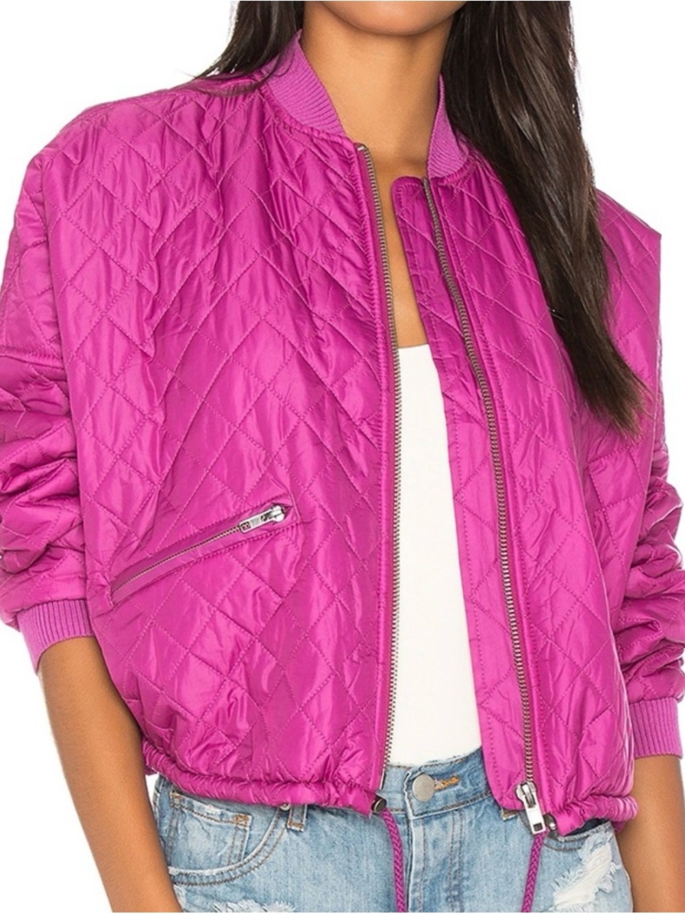 Free People Quilted Bomber Jacket in Bright Fuchsia